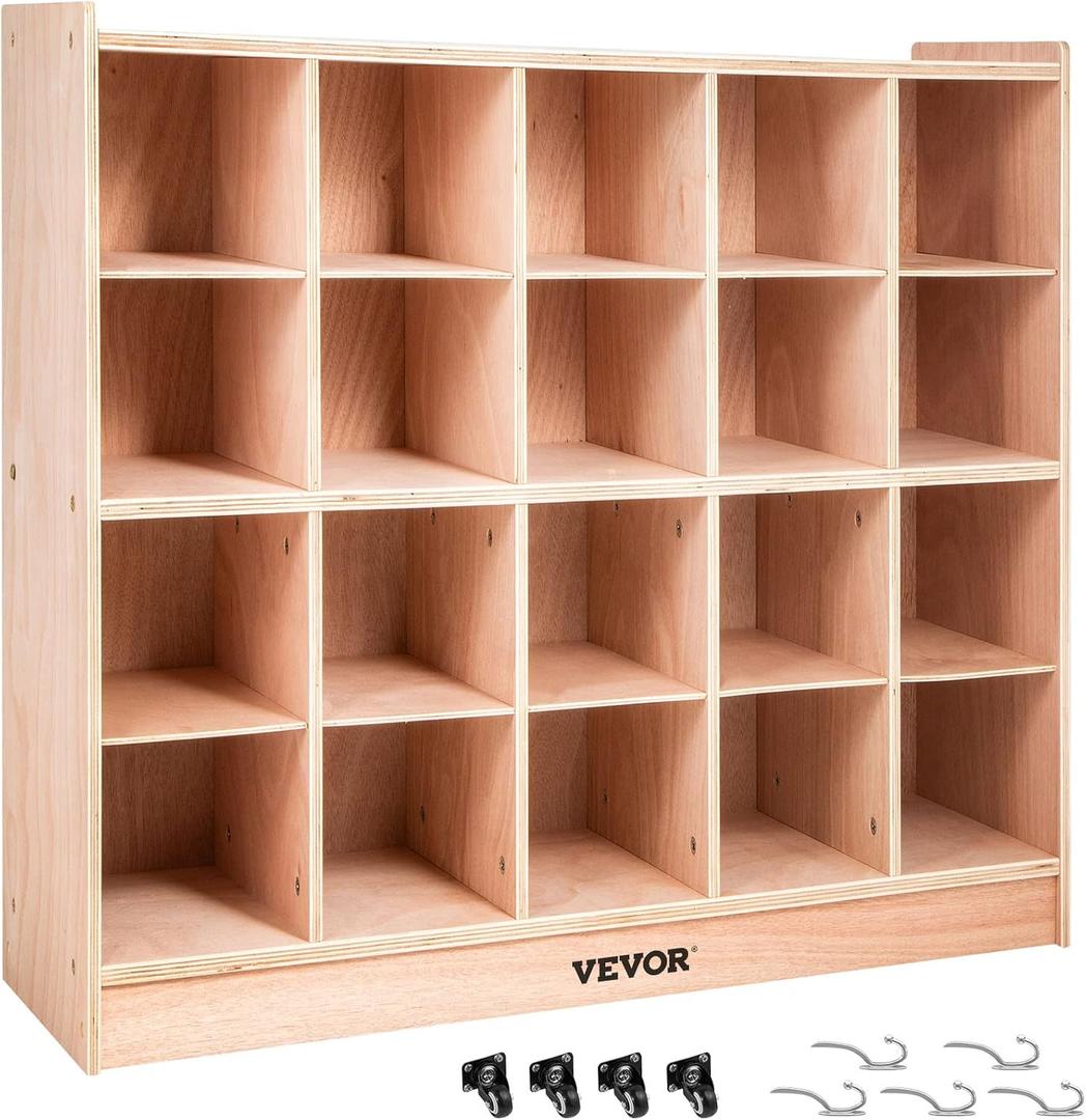 VEVOR Cubby Mobile Tray Storage Cabinet, 20-Compartment Cubby Storage Shelf, Cubby Storage Cabinet 4 x 5, Classroom Cubbies, Classroom Furniture for Home, Daycare and Preschool, Natural, 1220330760mm/481330in