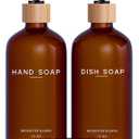 Amber Glass Hand and Dish Soap Dispenser Set by Brighter Barns - Kitchen Soap Dispenser Set with Tray - Bamboo Pump Bottles for Kitchen Sink - Modern Home Decor, Neutral Decor for Airbnb, Gift (Amber)