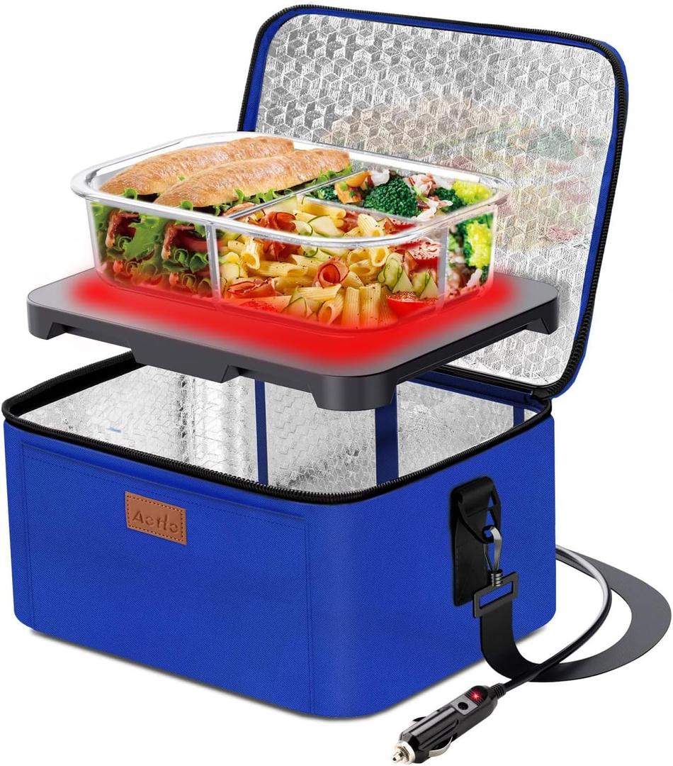 Aotto Portable Oven Electric Lunch Box Food Heater - 12V/24V 2-in-1 Car Food Warmer, Heated Lunch Box for Adults, Cook, Reheat, and Keep Meals Warm for Car, Truck, Travel - Blue