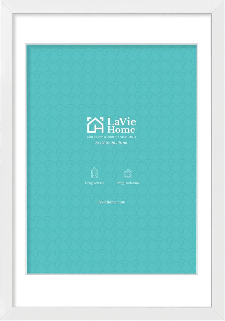 LaVie Home 20 x 30 Poster Frame White, Display Pictures 18x24 with Mat or 20x30 Without Mat, Stable and Sturdy Picture Frame and Polished Plexiglass, Horizontal and Vertical Format of The Wall1 Pack