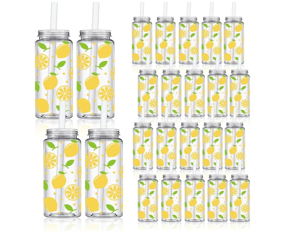 Whaline 20Pcs Lemon Plastic Cups with Lids and Straws Clear Party Drinking Cups Summer Lemon Reusable Tumblers for Wedding Baby Shower Birthday Party Supplies