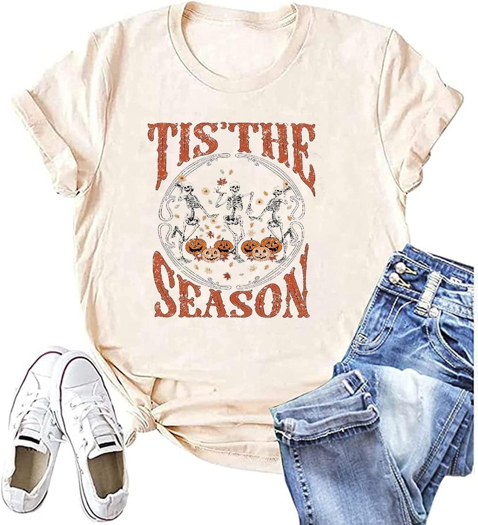 Halloween Shirt Women Fall Pumpkin Graphic Tees Hocus Pocus Tees Girls Trip Tops Halloween Witch Human Skeleton Tshirt (Small, Beige4)
