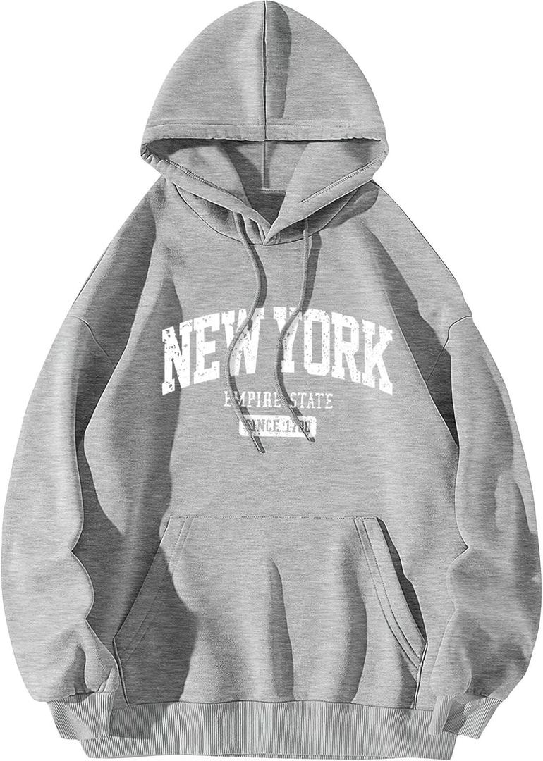 ORANDESIGNE Letter Graphic Print Hoodies for Women Oversized Long Sleeve Casual Drawstring Fall Pullover Sweatshirt Tops (Large, New York Light Grey)