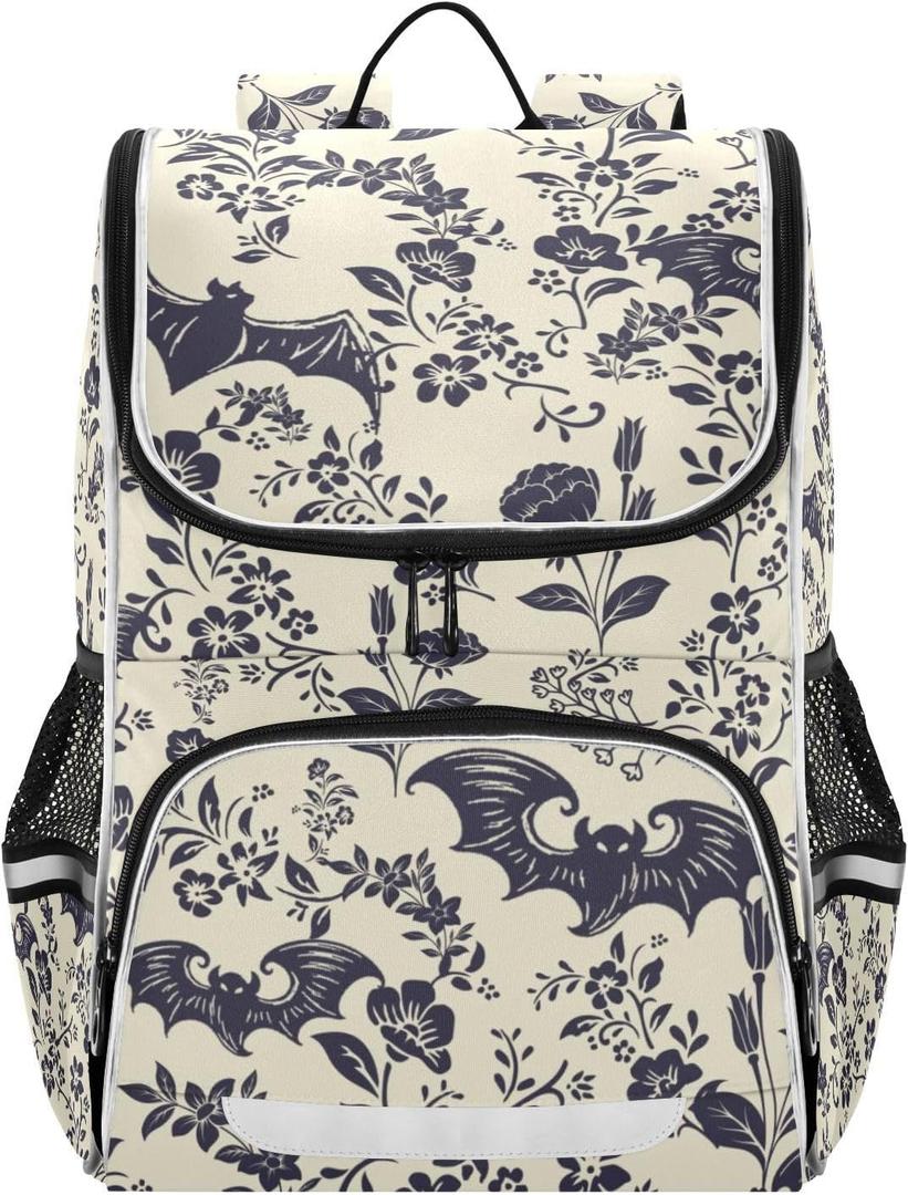 Goth Bat Flowers Backpack with Reflective Strip for Kids Boys Girls Elementary School Bag Removable Chest Strap