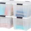 IRIS USA 40 Qt Stackable Plastic Storage Bins with Lids, 4 Pack - BPA-Free, Made in USA - Discreet Organizing Solution, Latches, Durable Nestable Containers, Secure Pull Handle - Pearl