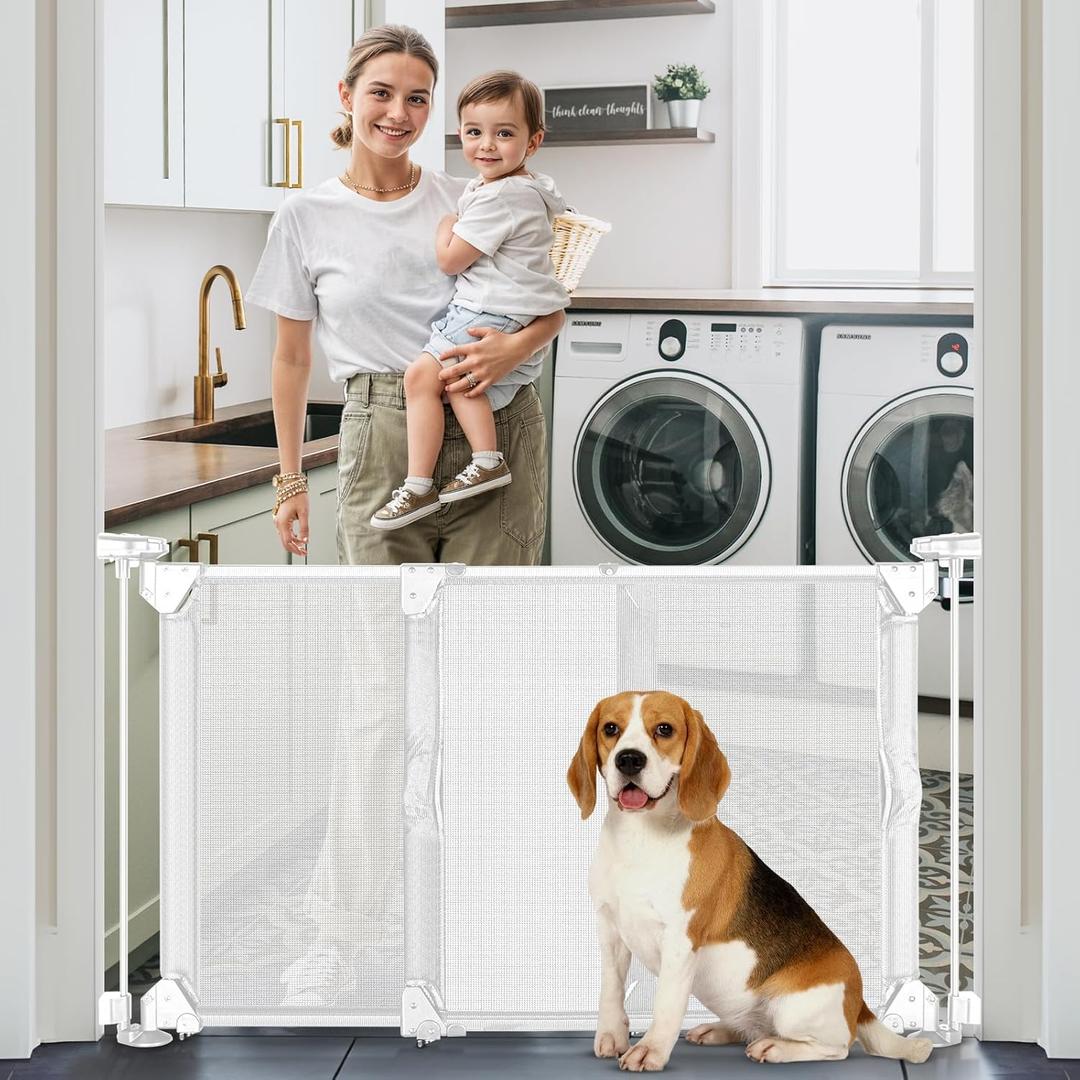 GRENFU 28" Tall Expandable Baby Gates for Doorways, Dual-Opening Sliding Dog Gate Mesh Baby Gate, 32-55" Adjustable Width & Angle Step Over Dog Gate No Bottom Bar, Foldable Pet Gate for Stairs, White