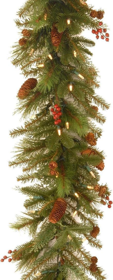 National Tree Company Pre-Lit Artificial Christmas Garland, Green, Evergreen, White Lights, Decorated With Pine Cones, Berry Clusters, Battery Powered, Christmas Collection