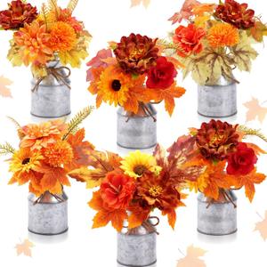 Domensi 6 Set Fall Thanksgiving Table Centerpieces Decoration Artificial Floral Sunflowers Mums with Vintage Metal Vases Fake Silk Flowers Bouquet Plants in Pots for Autumn Harvest Indoor Outdoor Home (Orange)
