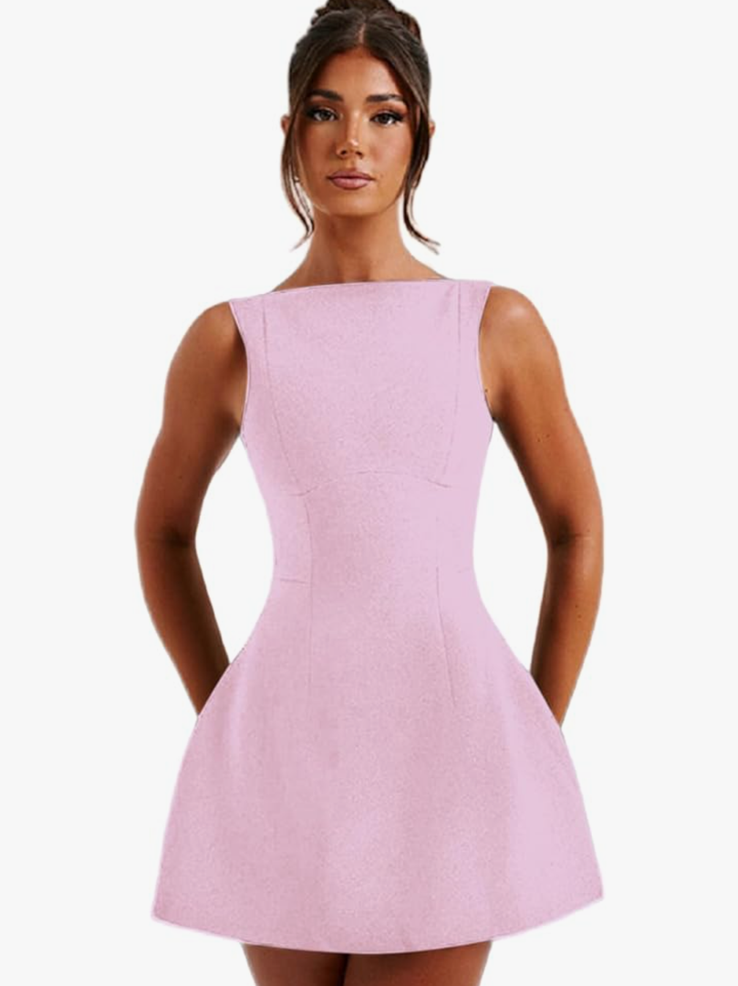 ANKOMINA Women's Elegant Pockets Mini Dress Cap Sleeve Mock Neck Tank Short Dress Bodycon Casual Work Office A Line Dresses, S