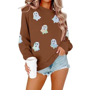 MYHALF Halloween Sweatshirts Women Colorful Sequin Ghost Graphic Pullover Shirt Halloween Witch Crewneck Sweater (Small, Brown)
