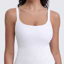 CRZ YOGA Seamless Womens U Neck Longline Sports Bra - Thin Strap Padded Workout Crop Tank Ribbed Open Back Yoga Camisole Top (White, XL)