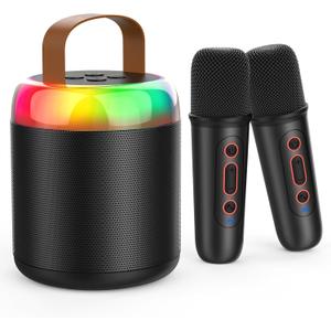 Mini Karaoke Machine for Kids Portable Bluetooth 5.3 Speaker Led Lights with 2 Wireless Microphones Karaoke Toy Gifts for Girls Boys Audlt Birthday Christmas Solid Metal Body (Black)