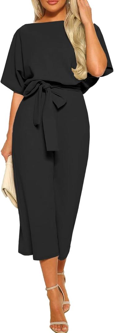 LYANER Women's Round Neck Short Sleeve Zipper Back Waist Tie Romper Wide Leg Pant Jumpsuit (Black, S)