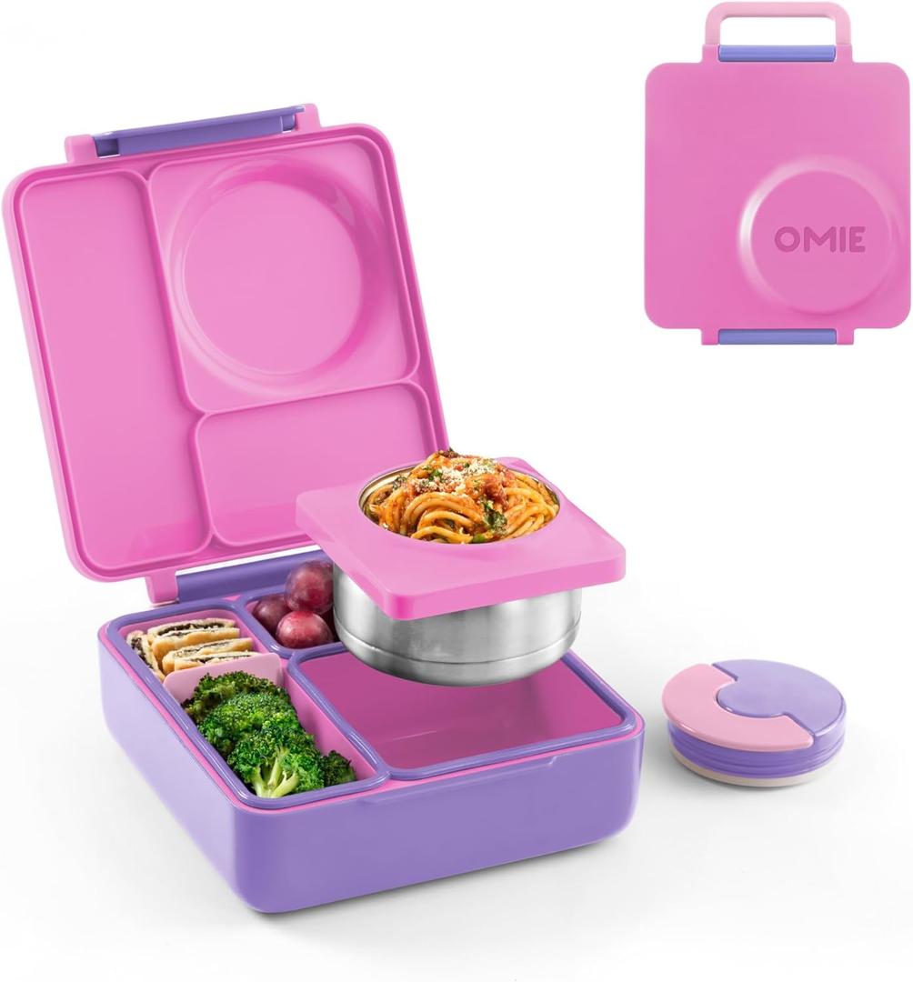 OmieBox Bento Box for Kids - Insulated Bento Lunch Box with Leak Proof Vacuum Insulated Food Jar - 3 Compartments, Two Temperature Zones (Unicorn Pink) (8.5 Ounces)