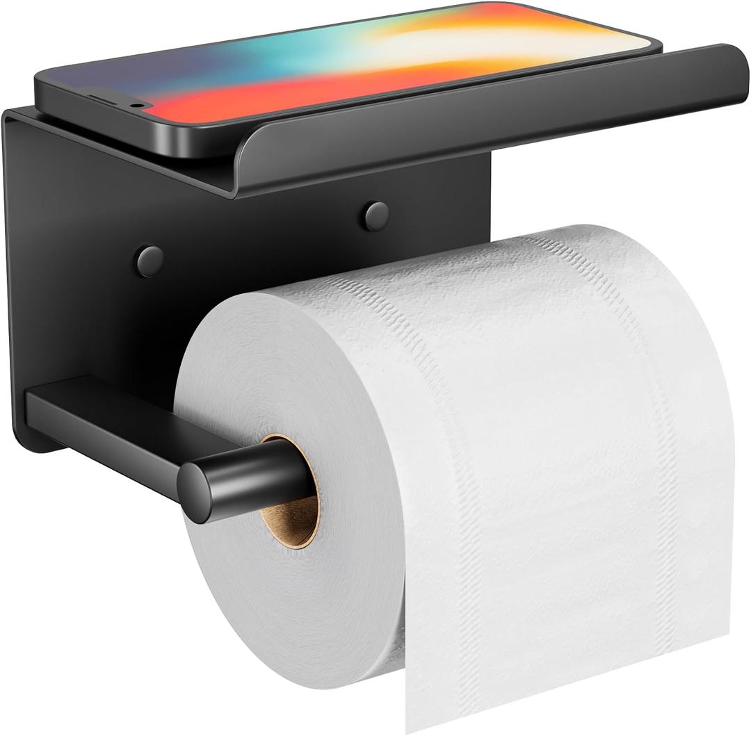 Adhesive Toilet Paper Holder with Shelf, Stainless Steel, Black