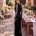 Women Sequin Mermaid Prom Dress Long Sleeve Rhinestone Evening Gown (Black, M)