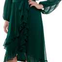 Maison Tara Women's Long Sleeve V-Neck Chiffon Faux Wrap Ruffle Hem Midi Dress (Green, XL)-  Size: 14 Plus
