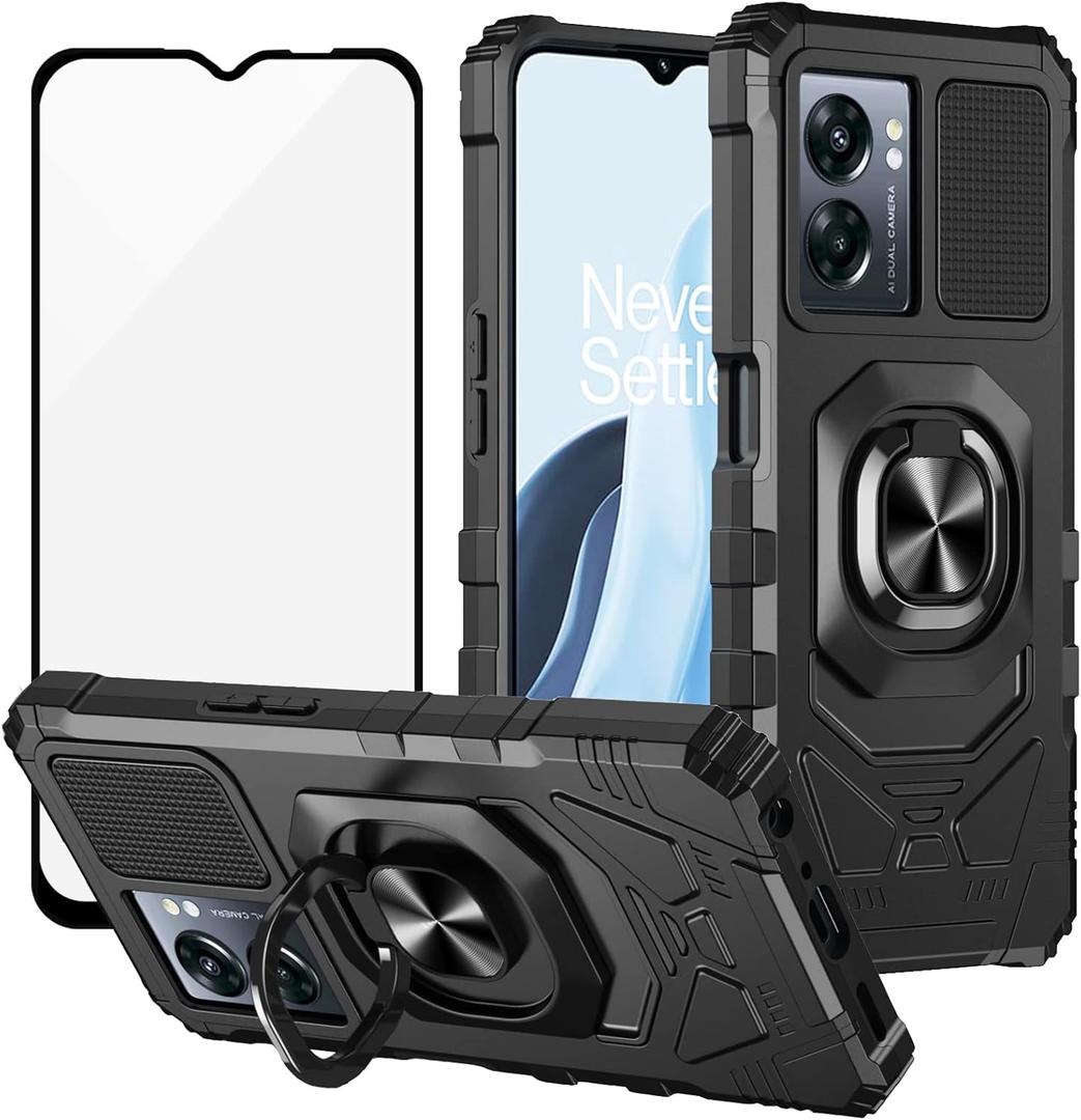 Ailiber Case for OnePlus Nord N300 5G, One Plus N300 5G Case with Tempered Glass Screen Protector, Ring Kickstand for Magnetic Car Mount, Military Grade Shockproof Phone Cover for 1+ Nord N300 -Black