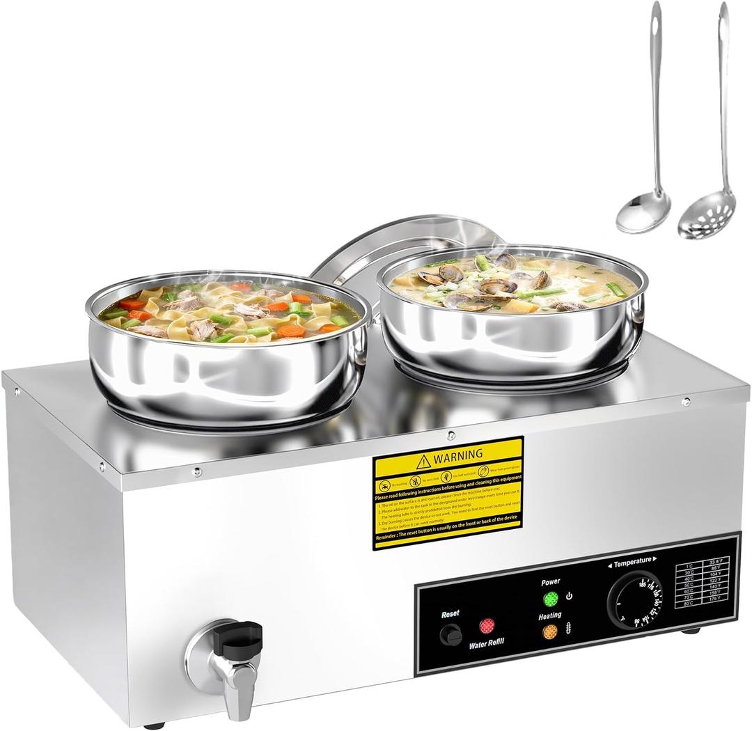 Soup Warmer, 2X7.4QT Stainless Steel Round Pot Food Warmer, 86°F~185°F Adjustable, 1200W Commercial Bain Marie with Drain Faucet, Buffet Warmer Steam Table for Restaurant Catering Parties