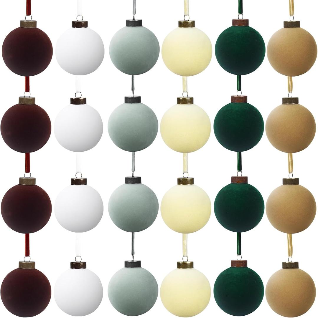 24 Pcs Velvet Christmas Balls Bulk Shatterproof Plastic Christmas Tree Decorations for Decorative Hanging Baubles (24, CoffeeWhiteHaze BlueBeigeBlackish GreenKhaki, 2.36Inch)