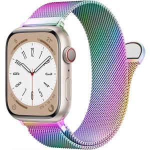 Original Stainless Steel Milanese Loop Compatible with Apple Watch Band 38mm 40mm 41mm 42mm 44mm 45mm 46mm 49mm, Magnetic Clasp Band for iWatch Series 11 10 9 8 7 6 5 4, SE 3 2 1 Ultra3 2, Women & Men (Rainbow)