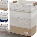 Laundry Hamper Large Laundry Basket with Leather Handles, Decorative Storage Cotton Rope Woven Basket for Blankets, Clothes Hamper for Living Room, Jute & White, 85L