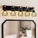 Farmhouse Bathroom Vanity Light Fixtures, 5-Light Wood Bathroom Light Fixtures Over Mirror, Rustic Sconces Wall Lighting with Elegant Metal Lampshade for Living Room, Bedroom, Hallway (5 Lights, Black)