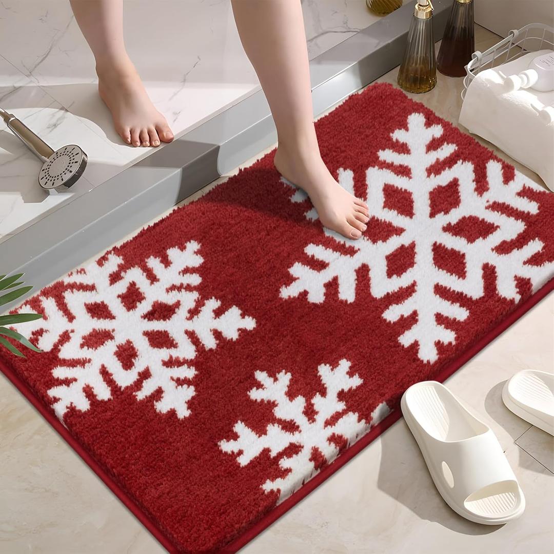 SHACOS Snowflake Christmas Bathroom Rugs 16"x24" Soft & Absorbent Microfiber Bath Mats Fluffy Plush Non Slip Carpet Washable for Bathroom Floor(Christmas Red, 1'4" x 2')