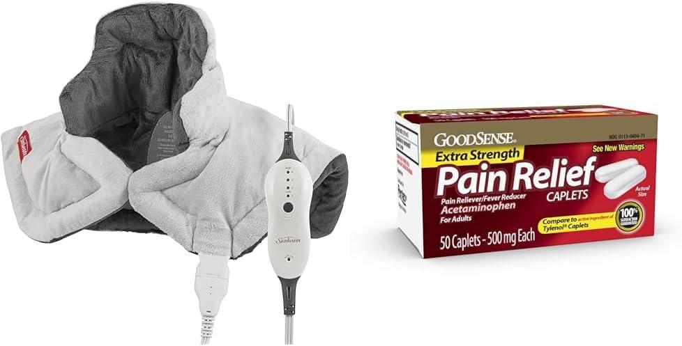 Sunbeam Neck Heating Pad & GoodSense Extra Strength 500mg Acetaminophen Caplets 50 Count Pain Relief Bundle (19 inches)