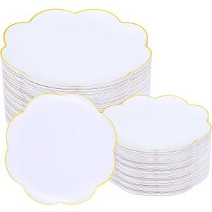 LIYH 100 Pcs White Plastic Plates with Gold Rim - Scalloped Plastic Disposable Plates Includes Dessert & Dinner Plate Heavy Duty Tableware Dishes for Birthday Party 50 Guests