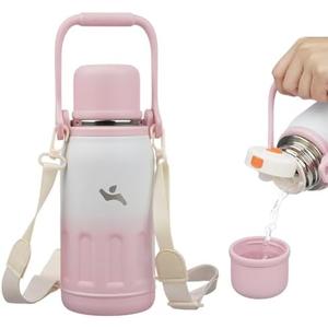 Insulated Water Bottle with Handle and Strap,Vacuum Travel Tumbler with Cup Lid,Thermo Coffee Cup for Hot Cold Drinks 27 OZ,Pink Pearl