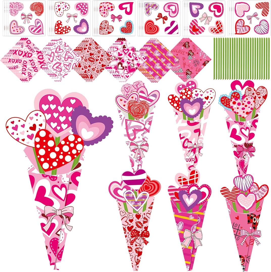 SYUCVQI 24 Sets Valentine's Day Flower Bouquet Craft Kit DIY Valentines Gift Make Your Own Flower for Valentine's Day School Classroom Home Fun Activities DIY Gifts