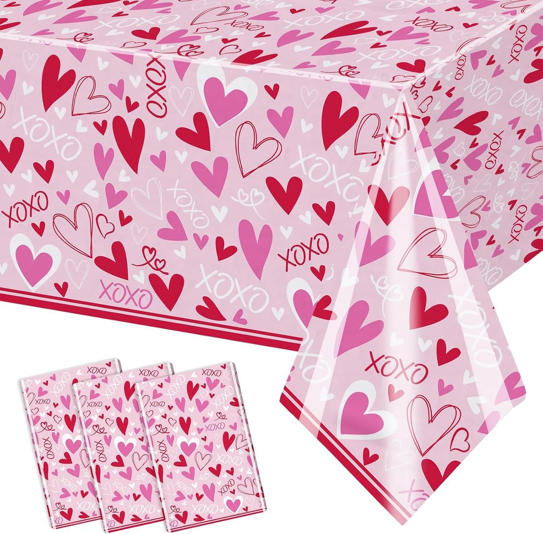 3 Pcs Valentine's Day Tablecloth Pink Heart XOXO Love Table Cover Disposable Party Table Decoration for Girls Night Galentine's Day Party