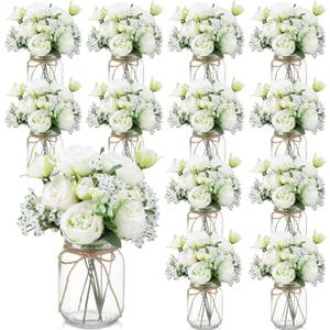 Zeyune 12 Sets Mason Jar Centerpiece Table Decorations, Artificial Peony Baby's Breath Flower Bouquets, Faux Flowers with Vase, Rustic Decor Gifts for Home, Wedding, Holiday (Green)
