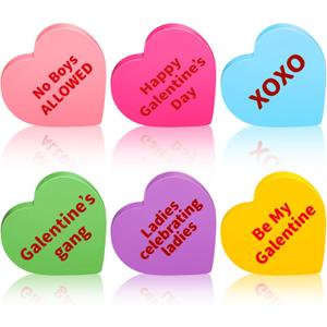 Thyle Galentine's Day Conversation Hearts Decorations for Home Table 6 Pcs Wooden Candy Heart Shaped Signs Decor for Office Tiered Tray Mantel Shelf Valentines Galentine Gifts