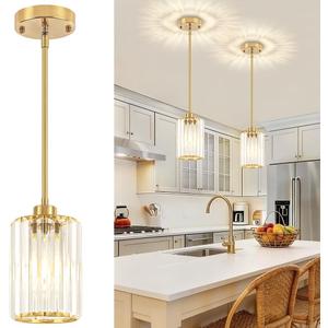 2 Pack Crystal Pendant Lights Kitchen Island, Brushed Brass Kitchen Pendant Lighting Over Island, Modern Dining Room Light Fixtures Adjustable Hanging Pendant Light for Bathroom Hallway Bedroom Foyer