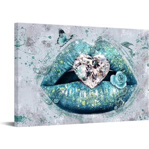 OuElegent Lip Canvas Wall Art Woman Fashion Diamond Painting Picture Teal Lips Artwork for Makeup Room Living Room Bedroom Wall Decor Giclee Prints Gallery Wrapped Ready to Hang 24x36 Inch