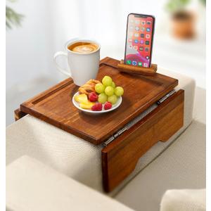 Couch Arm Table Tray with Phone & Tablet Holder  Acacia | Premium Clip-On Sofa Arm Tray for Snacks, Drinks, Remotes, and More  Perfect Sofa Side Table for Living Room Comfort