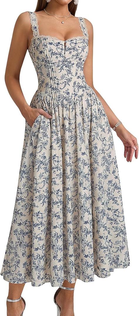 KUTUMAI Women Summer Corset Midi Dress Floral Lace Smocked Flowy A Line Wedding Guest Bridal Shower Dresses with Pockets (Medium)