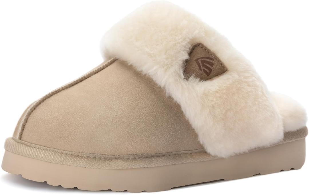 LazyStep Women's Fuzzy House Slippers, Slip on Warm Indoor and Outdoor House Shoes (Beige, M)