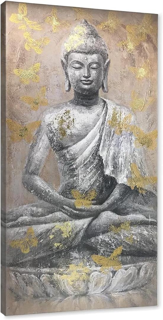 Yelash Buddha Statue Picture Decor Wall Art Canvas Painting Buddhism Sitting Zen with Gold Butterfly for Bedroom 24"x48" Yelash Buddha Statue Picture Decor Wall Art Canvas Painting Buddhism Sitting Zen with Gold Butterfly for Bedroom 24"x48"