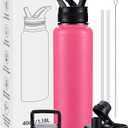Insulated Water Bottles with Straw 40 oz Leak Proof, Vacuum Insulated Stainless Steel Sport Tumbler with 3 Lids Straw, Spout and Handle Lid for Sports, Gym or Office,Hot Pink
