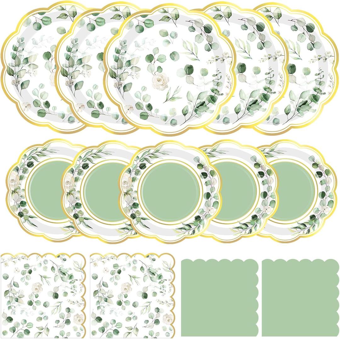 Funnymoom 200 Pcs Eucalyptus Party Supplies Kit Sage Green Disposable Paper Dinner Dessert Plates Luncheon Napkins and Beverage Napkins for Birthday Baby Shower Bridal Shower Wedding Party 50 Guests