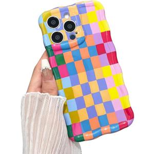 Compatible with iPhone 16 Pro Case, Cute Wave Curly Colorful Checkerboard Plaid Phone Case for Women/Men, Soft TPU Shockproof Protection Case Designed for iPhone 16 Pro (Colorful 2)