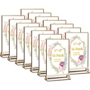 14 Pack Acrylic Sign Holder 4x6 Gold Frames, Wedding Table Number Holders Double Sided Vertical Clear Display Stand, Picture Holders for Tables, Menus, Flyers, Party and Office Decor