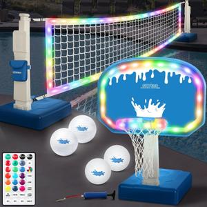2-in-1 LED Pool Volleyball & Basketball Game Set, Light Up Pool Sport Combo Set with 14in LED Rim/4 LED Pool Balls/2 Base/Pump, Inground Swimming Pool Toy Game for Adults & Family