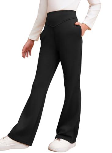 blibean Teen Girls Flare Pants Big Kid Fall Bell Bottom Leggings Solid Casual School Uniform Elastic High Waist Pant Spring Formal Wide Leg Legging with Pockets Size 10-11 Year Old, Black