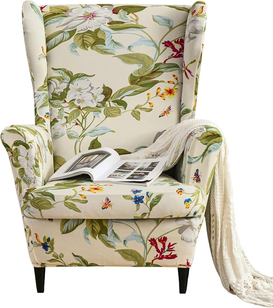 Wingback Chair Cover, Stretch Spandex Wing Chair Slipcovers 2 Piece, Wingback Armchair Sofa Slipcover Super Soft Fabric Furniture Protector with Elastic Bottom for Living Room Bedroom Hotel (Spandex, No03 Spring)