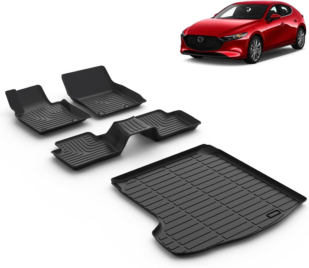 All Weather Car Floor Mats & Cargo Liner Set Fit for Mazda 3 (Only Sedan Models) 2019 2020 2021 2022 2023 2024 2025 2026 TPE Floor Liners Trunk Liner Mazda 3 Sedan Cargo Mat Accessories Black