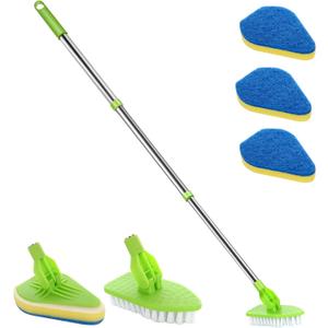 Scrub Cleaning Brush with Long Handle 35'' - Extendable Floor Scrubber with 1 Stiff Bristles & 3 Sponge Brush, Adjustable Lightweigh Detachable Kitchen Brush for Baseboard Shower Bathroom Bathtub Tile